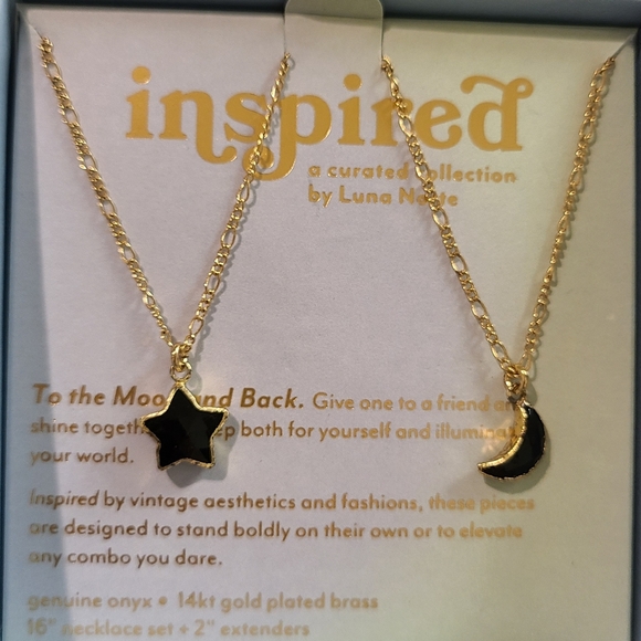 2 NECKLACES INSPIRED BY LUNA NORTE BLACK ONYX MOON & STAR14K GOLD PLATED - Picture 8 of 10